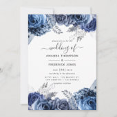 Navy and White met Silver Foil Floral Wedding Kaart (Voorkant)