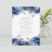 Navy and White met Silver Foil Floral Wedding Kaart (Staand voorkant)