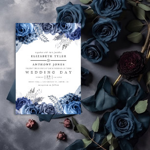 Navy and White met Silver Foil Floral Wedding Kaart