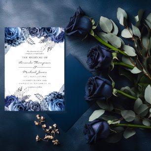 Navy and White met Silver Foil Floral Wedding Kaart