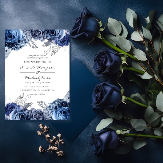 Navy and White met Silver Foil Floral Wedding Kaart