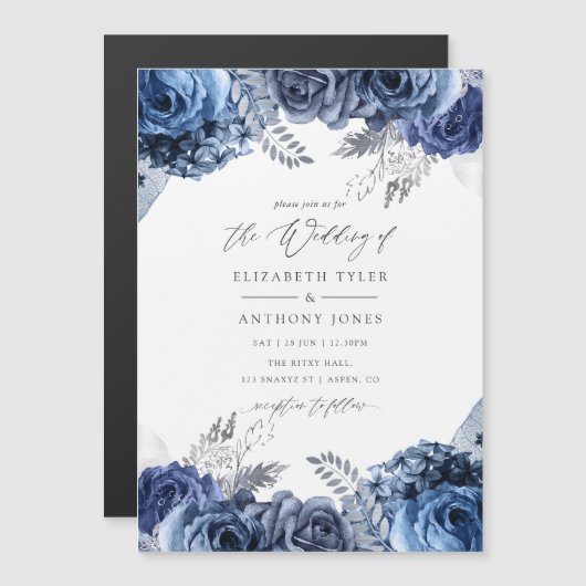Navy and White met Silver Foil Floral Wedding Magnetische Uitnodiging (Voorkant / Achterkant)