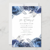 Navy and White met Silver Foil Floral Wedding Magnetische Uitnodiging (Voorkant)