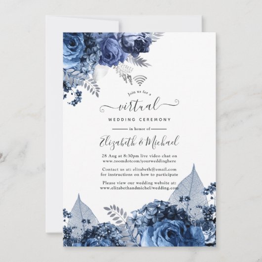 Navy and White met Silver Foil Virtual Wedding Kaart (Voorkant)