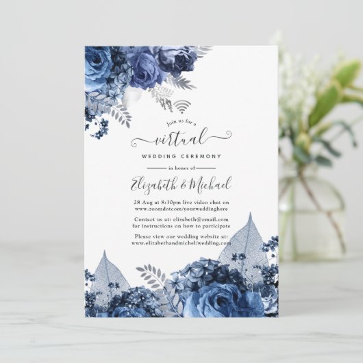 Navy and White met Silver Foil Virtual Wedding Kaart (Staand voorkant)