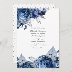 Navy and White met Silver Foil Wedding Invitation Kaart