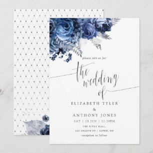 Navy and White met Silver Foil Wedding Invitation Kaart