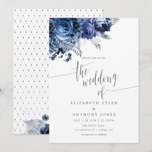 Navy and White met Silver Foil Wedding Invitation Kaart (Voorkant / Achterkant)