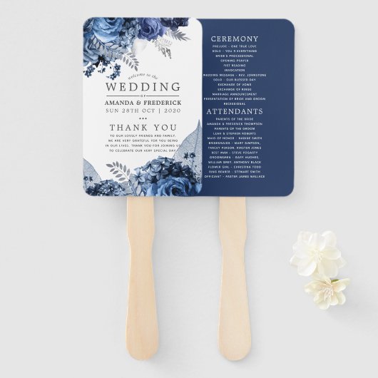 Navy and White met Silver Foil Wedding Program Handwaaier (Voorkant en achterkant)