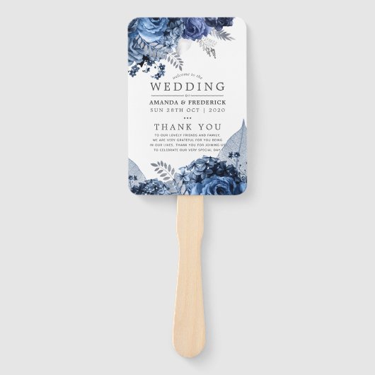 Navy and White met Silver Foil Wedding Program Handwaaier (Voorkant)