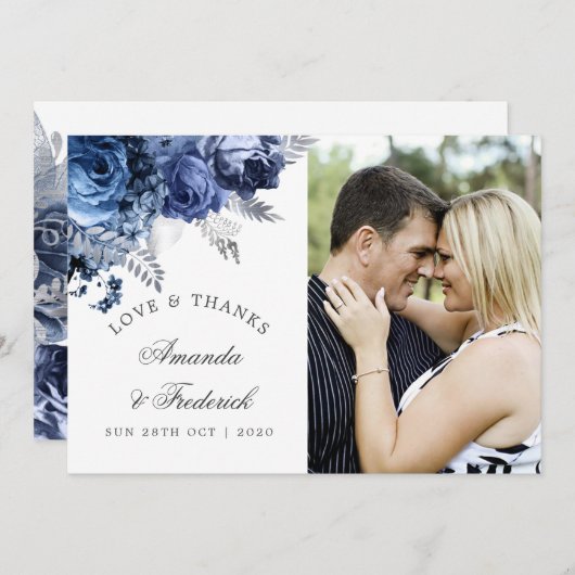 Navy and White met Silver Wedding Bedankt (Voorkant / Achterkant)