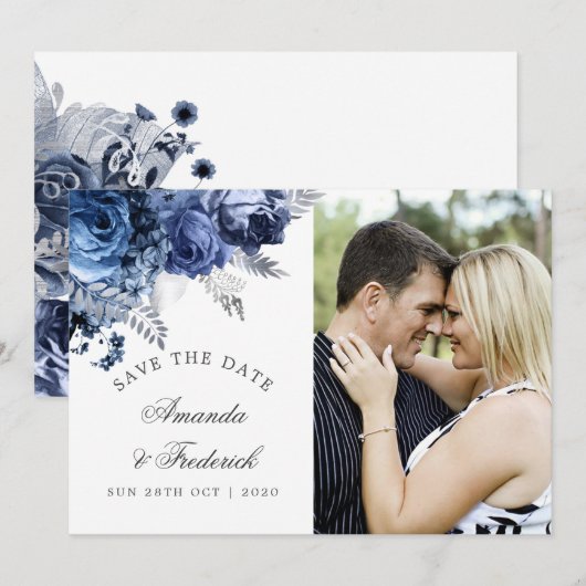Navy and White met Silver Wedding Save the Date (Voorkant / Achterkant)