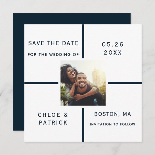 Navy and White Modern Wedding Photo Save the Date (Voorkant / Achterkant)
