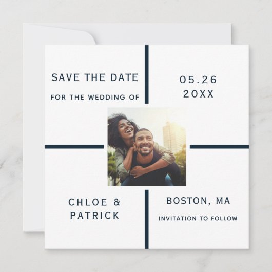 Navy and White Modern Wedding Photo Save the Date (Voorkant)