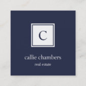 Navy and White Monogram Vierkante Visitekaartje (Voorkant)