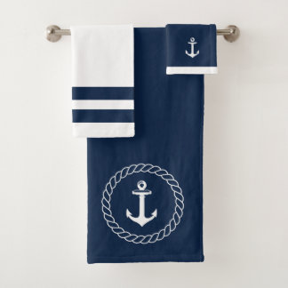 Navy and White Nautical Bath Towels with Anchor Bad Handdoek