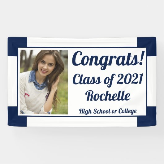 Navy and White One Photo Class Afstuderen Spandoek (Horizontaal)
