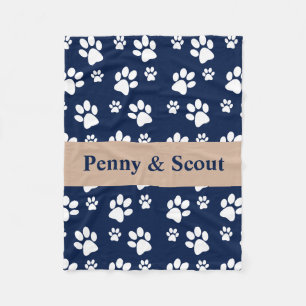 Navy and White Paw Print Blanket Add Dog Name Fleece Deken