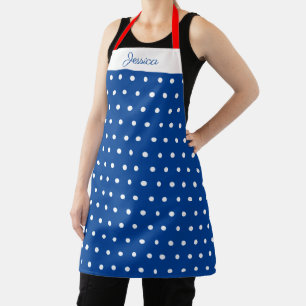 Navy and White Polka Dot Red Persoonlijke naam Schort