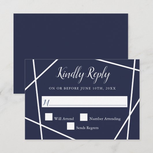 Navy and White Simple Geometric Wedding RSVP (Voorkant / Achterkant)