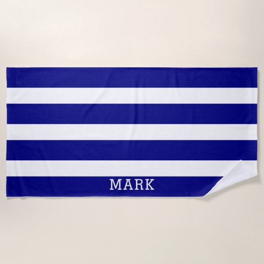 Navy and White Striped Name Cabana Stripe Strandlaken (Voorkant)