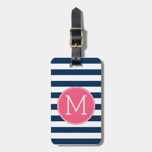 Navy and White Striped Pattern Hot Pink Monogram Bagagelabel (Voorkant verticaal)