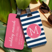 Navy and White Striped Pattern Hot Pink Monogram Bagagelabel