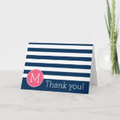 Navy and White Striped Pattern Hot Pink Monogram Bedankkaart (Voorkant)