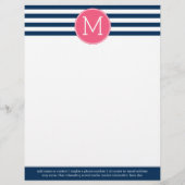Navy and White Striped Pattern Hot Pink Monogram Gepersonaliseerd Briefhoofd (Voorkant)