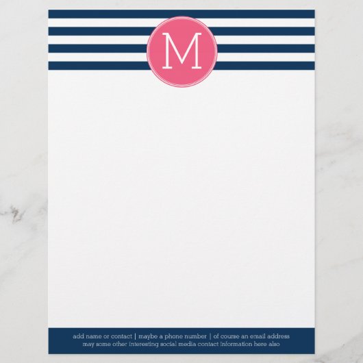 Navy and White Striped Pattern Hot Pink Monogram Gepersonaliseerd Briefhoofd (Voorkant)