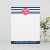Navy and White Striped Pattern Hot Pink Monogram Gepersonaliseerd Briefhoofd (Staand voorkant)