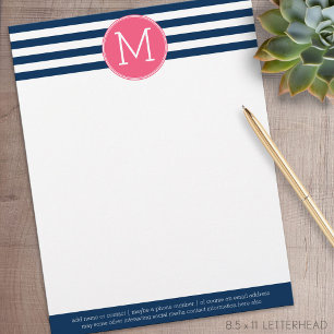 Navy and White Striped Pattern Hot Pink Monogram Gepersonaliseerd Briefhoofd