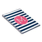 Navy and White Striped Pattern Hot Pink Monogram Notitieboek (Rechterzijde)