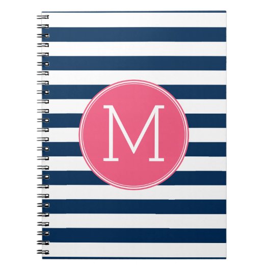 Navy and White Striped Pattern Hot Pink Monogram Notitieboek (Voorkant)