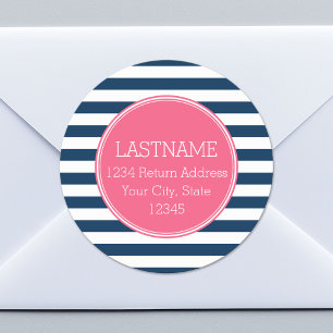 Navy and White Striped Pattern Hot Pink Monogram Ronde Sticker