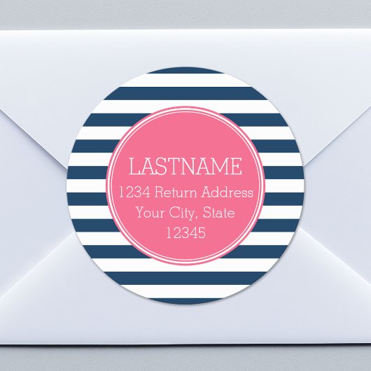 Navy and White Striped Pattern Hot Pink Monogram Ronde Sticker