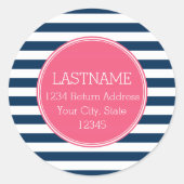 Navy and White Striped Pattern Hot Pink Monogram Ronde Sticker (Voorkant)