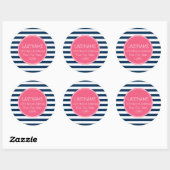 Navy and White Striped Pattern Hot Pink Monogram Ronde Sticker (Vel)