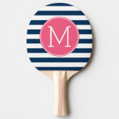 Navy and White Striped Pattern Hot Pink Monogram Tafeltennisbatje (Voorkant)