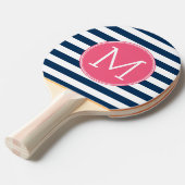 Navy and White Striped Pattern Hot Pink Monogram Tafeltennisbatje (Voorkant Gekanteld)