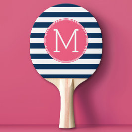 Navy and White Striped Pattern Hot Pink Monogram Tafeltennisbatje