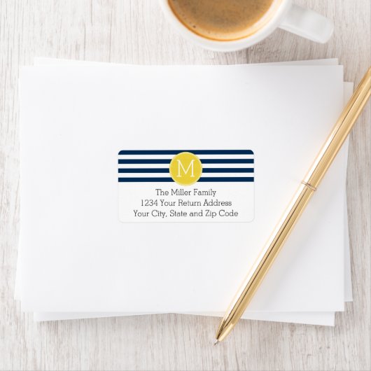 Navy and White Striped Pattern Yellow Monogram Etiket (Insitu)