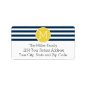 Navy and White Striped Pattern Yellow Monogram Etiket (Voorkant)