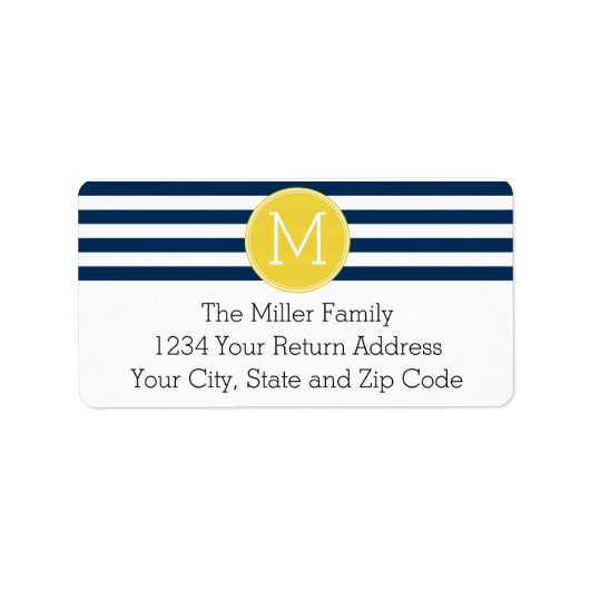 Navy and White Striped Pattern Yellow Monogram Etiket (Voorkant)