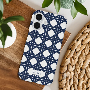 Navy and White Summer Basketweve Pattern iPhone 16 Hoesje