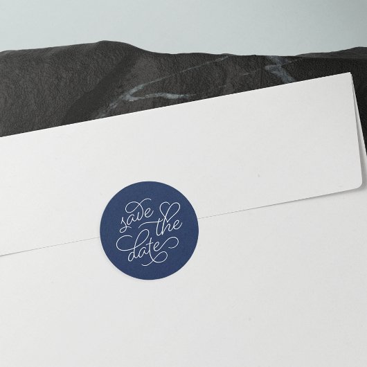 Navy and White Typografie Save the Date Ronde Sticker