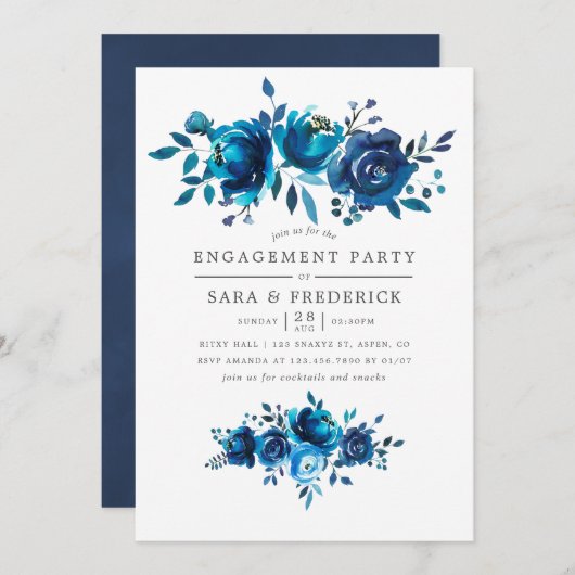 Navy and White Waterverf Engagement Party Kaart (Voorkant / Achterkant)