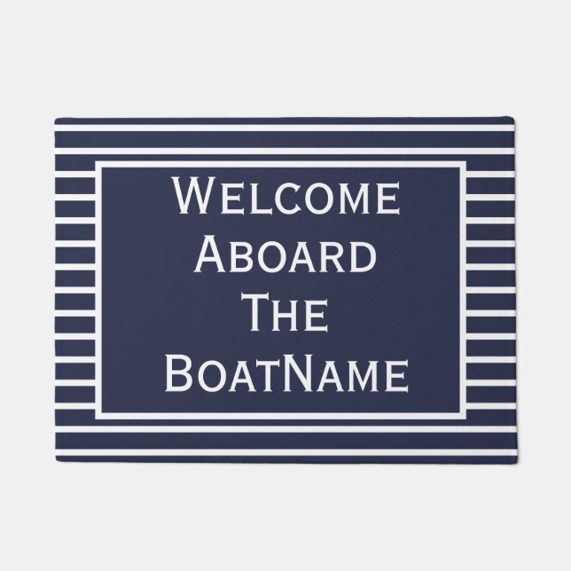 Navy and White Welcome Aboard Boat Doormat Deurmat (Voorkant)