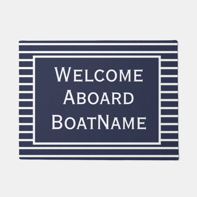 Navy and White Welcome Aboard Boat Doormat Deurmat (Voorkant)