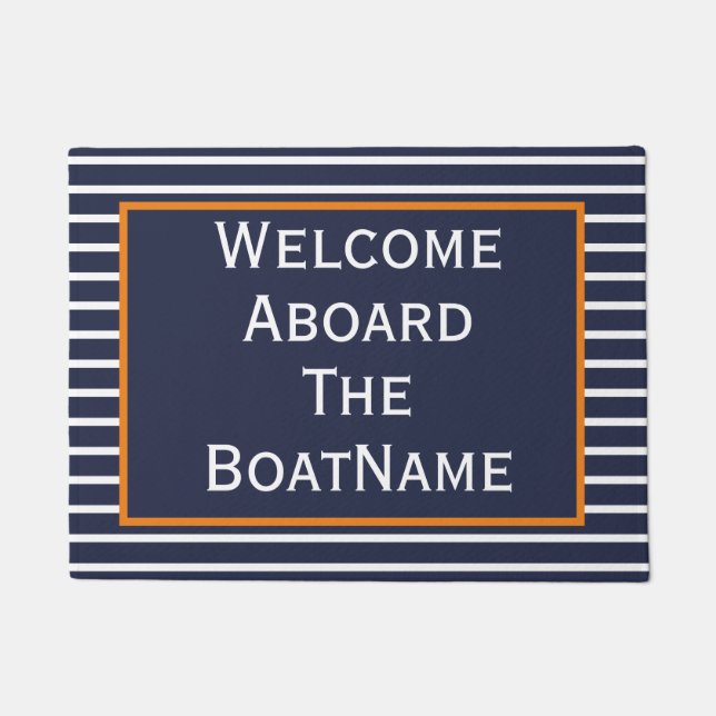 Navy and White Welcome Aboard Boat Doormat Deurmat (Voorkant)